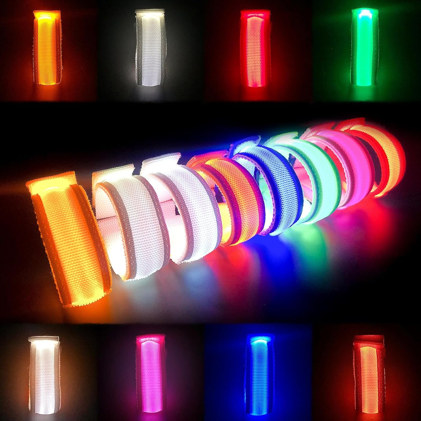 FANL glow bracelets lit side by side in eight colours