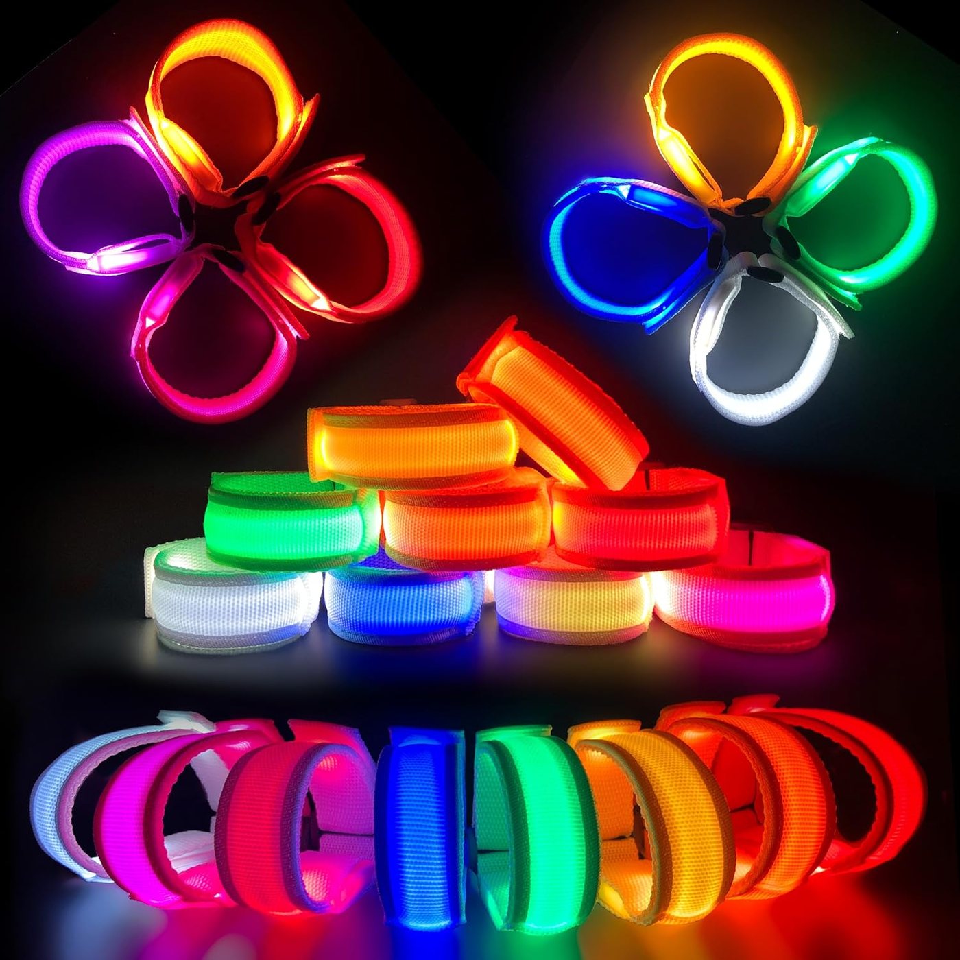 Two dozen FANL LED bracelets glowing in eight colours